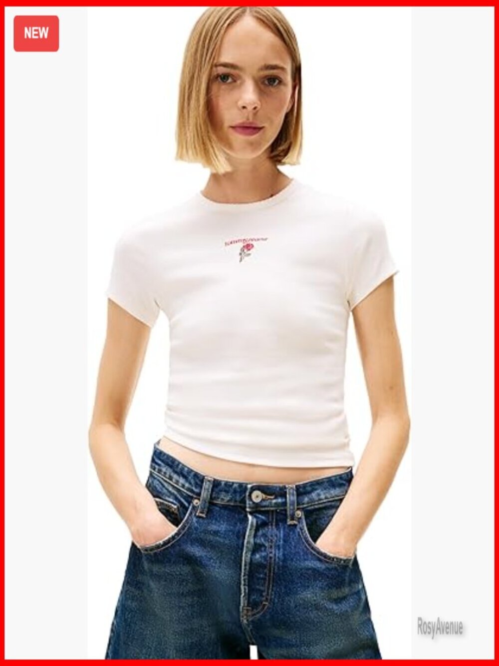 Slim Fit Ribbed Graphic Tee with Embroidered Rose Logo Detail